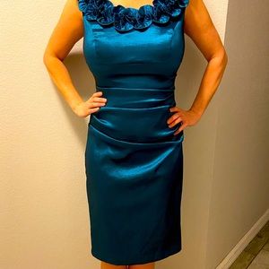Maggy London Teal Shiny Cocktail Evening Ruched Midi Dress with Floral Neckline